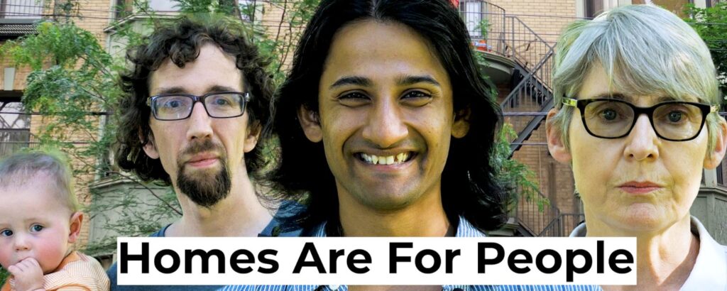 Four people smile at the camera overlaid with the text 