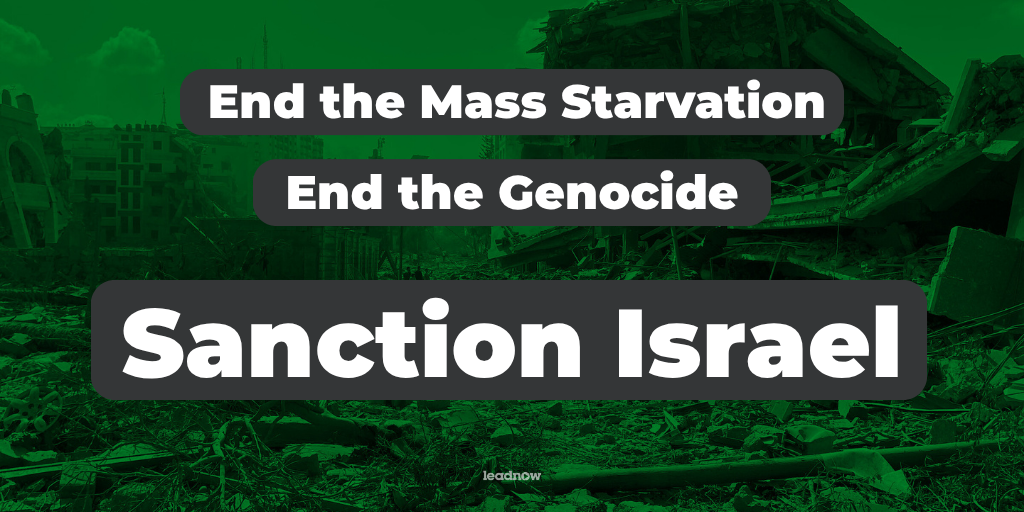 image of destroyed infrastructure with the words end the mass starvation end the genocide sanction israel