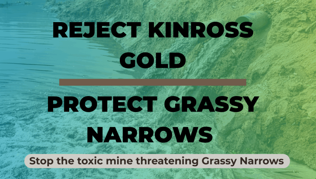 Image of polluted water with text overtop that reads Reject Kinross Gold Protect Grassy Narrows