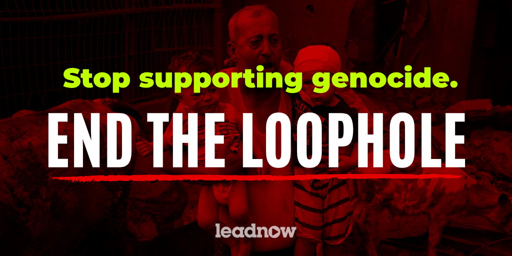 Image of man carrying two injured children with the words Stop Supporting Genocide, End the Loophole