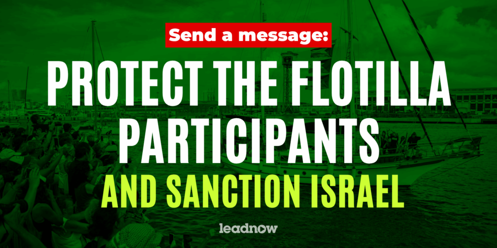 image of a boat with a green hue with the text: send a message. protect the flotilla participants and sanction israel